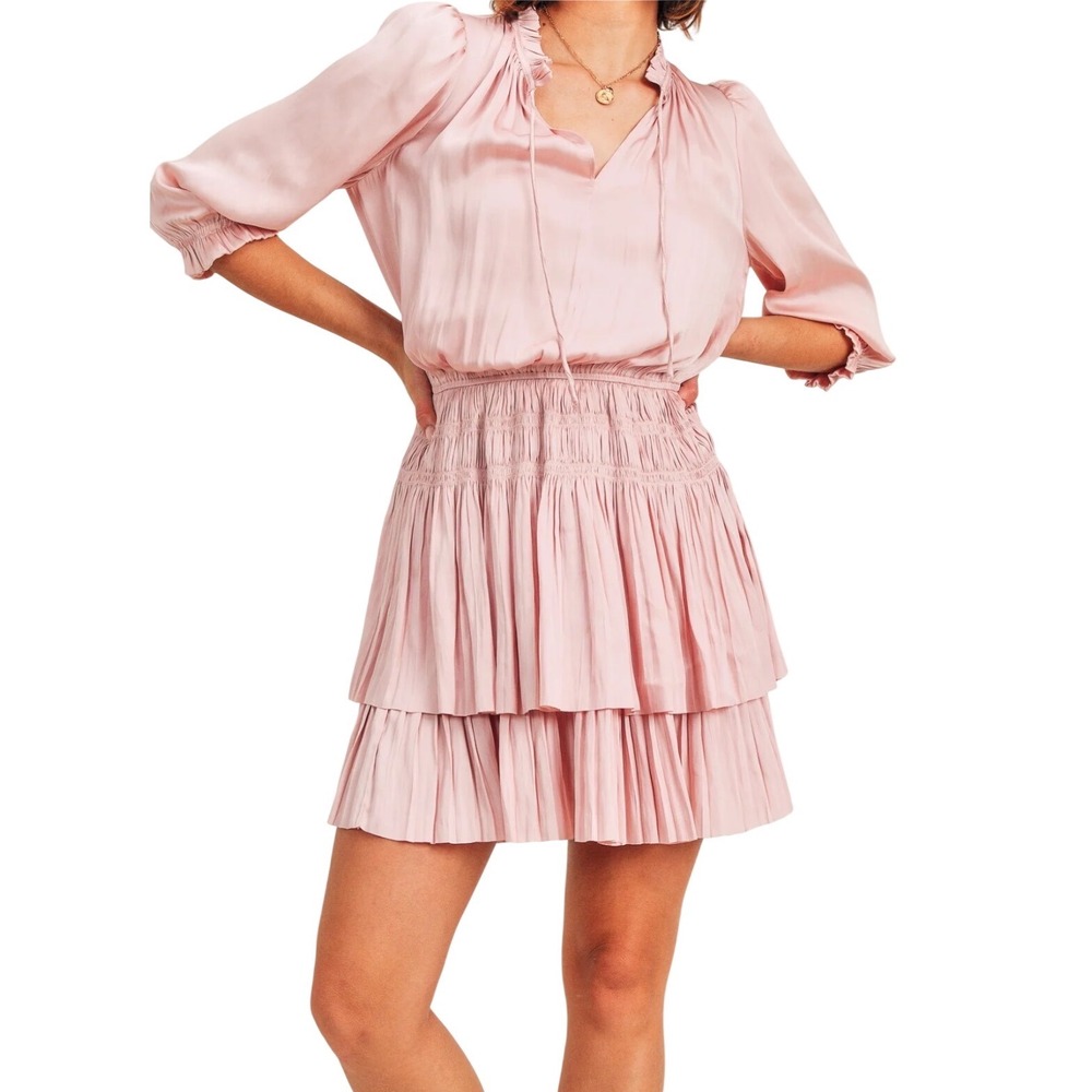 Reset by Jane Pink Satin Jamie Ruffle Mini Dress with Smocked Waist Small - Picture 4 of 11